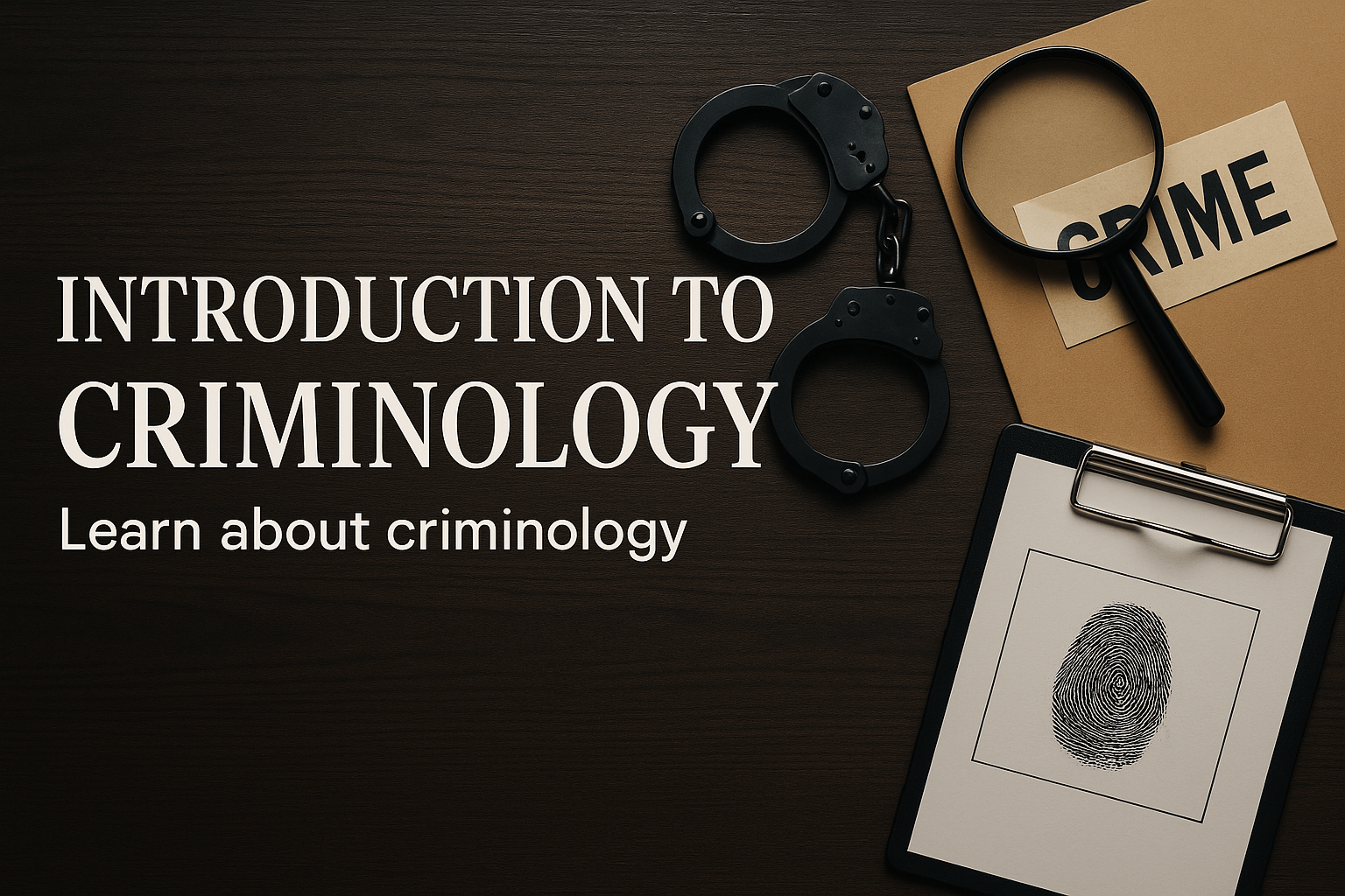 A detective-themed flat lay featuring handcuffs, a magnifying glass, a crime file, and a fingerprint sheet, representing the concept of Introduction to Criminology and encouraging viewers to learn about criminology.