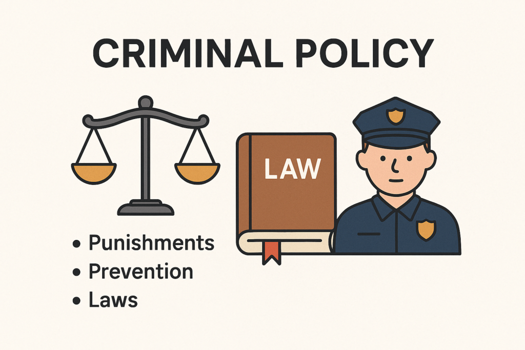 A flat-style digital illustration labeled 'CRIMINAL POLICY' featuring a justice scale, a law book labeled 'LAW', and a police officer icon. Below are three bullet points listing key elements: Punishments, Prevention, and Laws