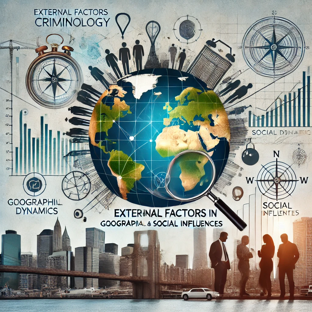 A picture representing urban and rural areas, a statistical map of crime, and social aspects such as poverty or community work.