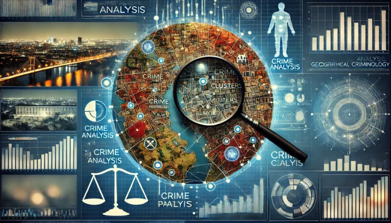 Artistic representation of crime analysis with geographical mapping.