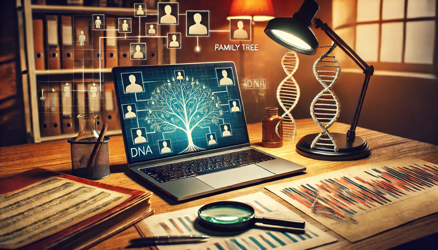 A detective's desk showcasing a family tree and DNA analysis tools used in crime investigation.