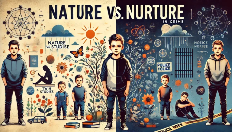 An illustration depicting nature vs. nurture in crime through twin studies, showing the interplay between genetic and environmental factors.