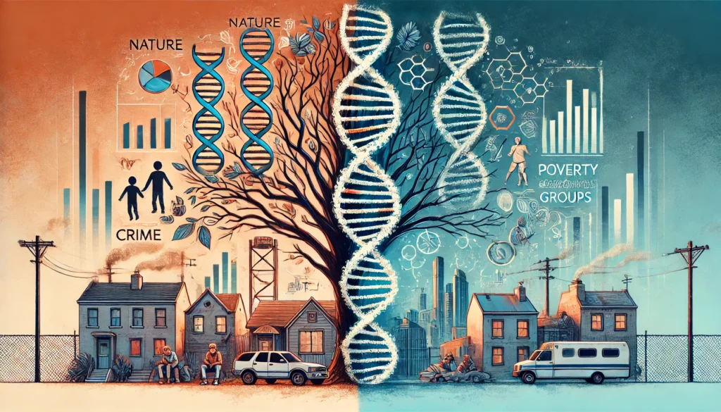 Visual representation of the nature versus nurture debate in crime through twin studies.