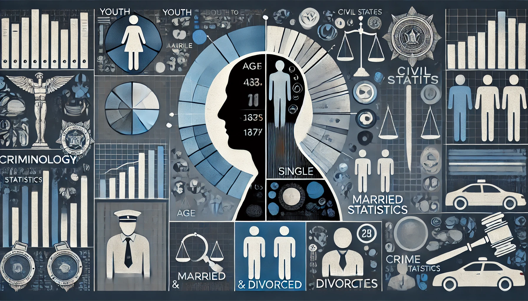 Conceptual illustration of criminology with symbols for age, civil status, and justice scales.