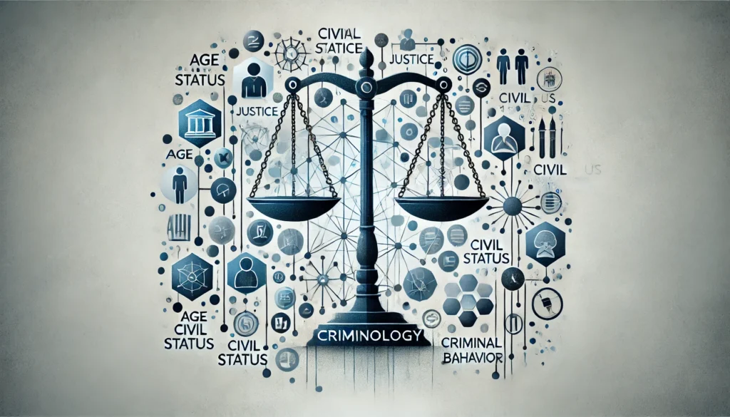 A representation of criminology showing justice and interconnected factors of age and civil status.