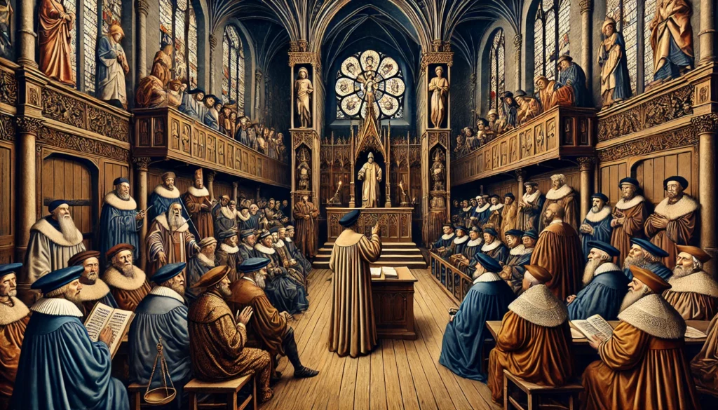 An artistic depiction of a medieval courtroom scene with judges, religious figures, and accused individuals, representing theological and moralistic interpretations of crime before the positivist era.