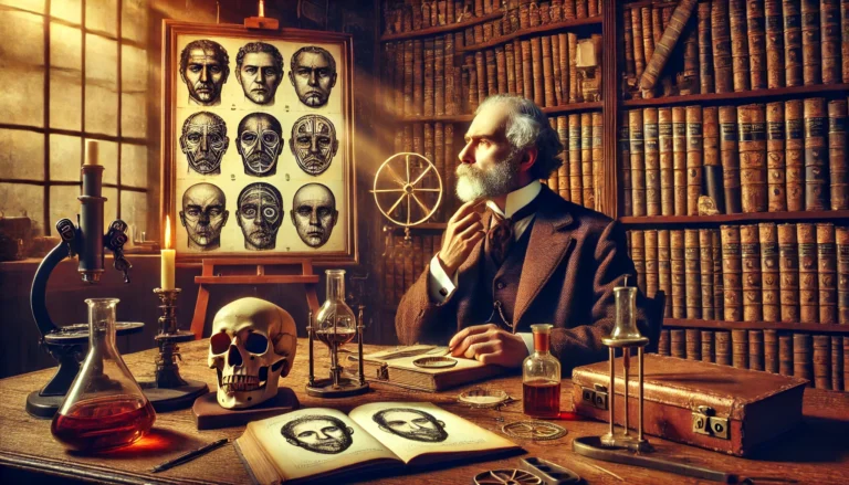 A historical depiction of a 19th-century scholar analyzing facial features and skull shapes in a classic library setting, symbolizing early scientific studies on criminal behavior before the positivist school.