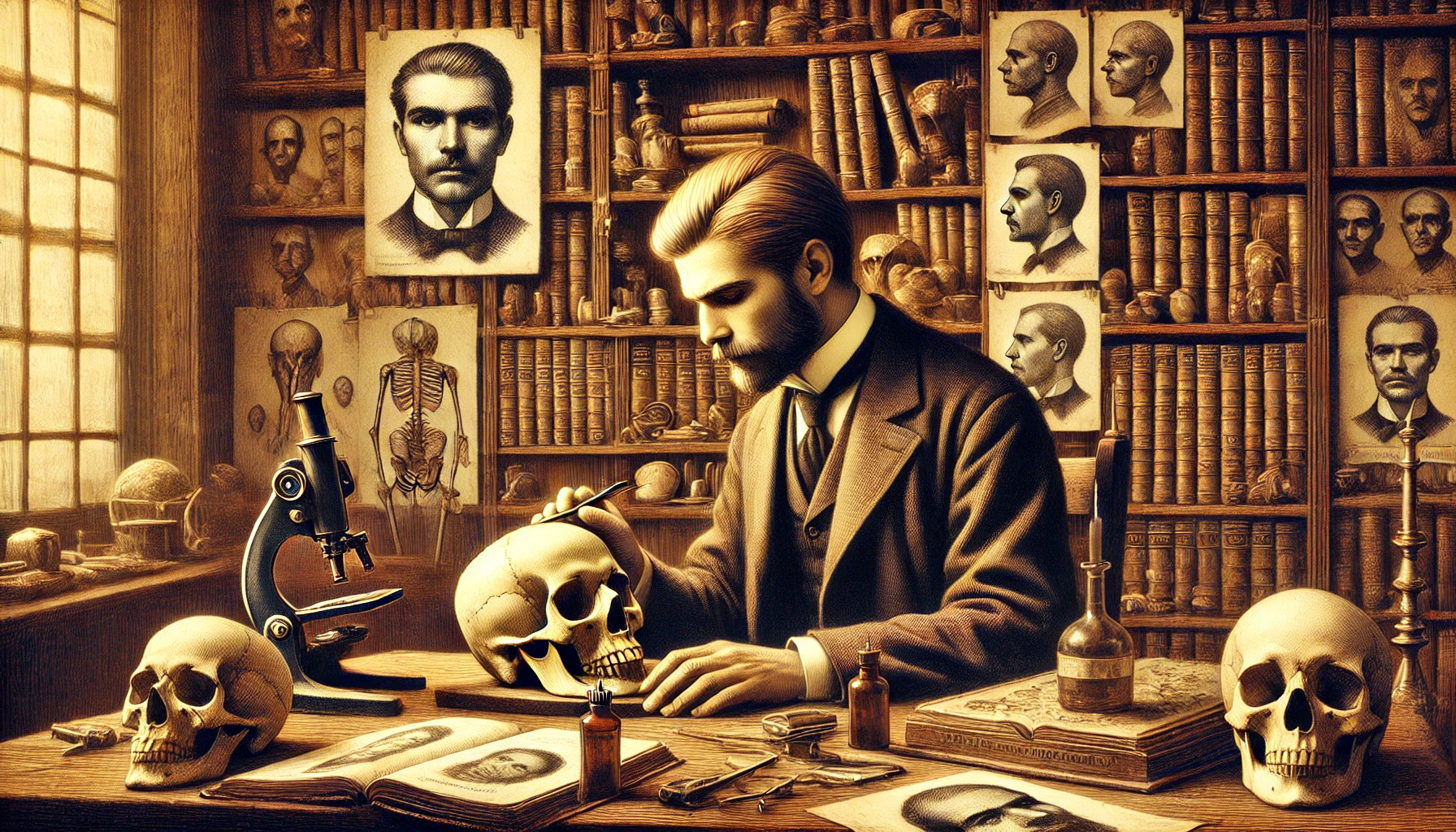 A historical depiction of Cesare Lombroso studying a skull in a 19th-century laboratory, surrounded by books, anatomical models, and criminal sketches, symbolizing the Positivist School's scientific and anthropological approach to criminology.