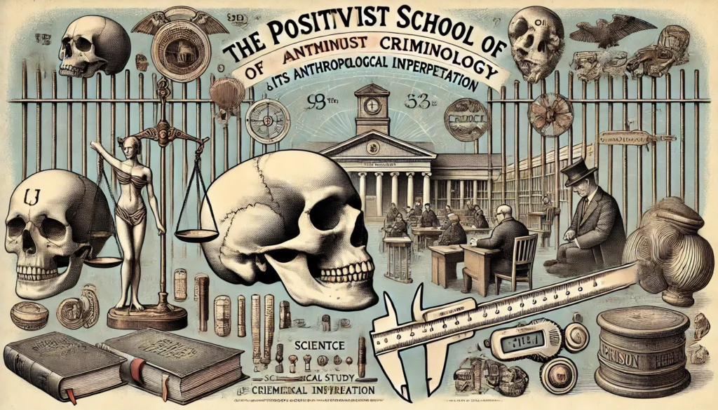 An artistic representation of a 19th-century criminology laboratory with detailed criminal profiles, scientific tools, and books reflecting the scientific revolution brought by the Positivist School and its anthropological interpretations.