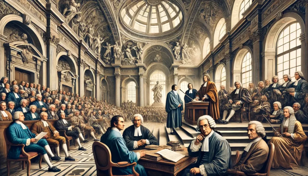 Enlightenment-era courtroom scene with Cesare Beccaria advocating for legal reform.