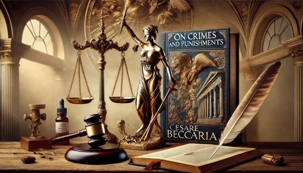 Scales of justice and an open book symbolizing Cesare Beccaria's principles of justice.