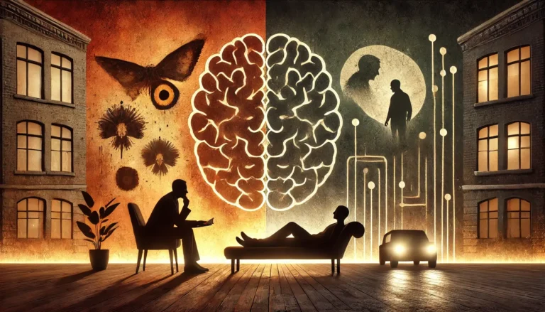 A split image illustrating the psychoanalytic perspective on crime; on one side, a therapy session with a psychologist and patient, and on the other, a dark criminal scene, symbolizing the connection between psychology and criminal behavior.