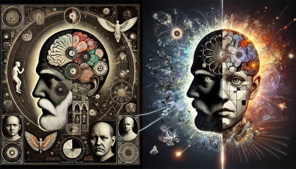 A conceptual representation of the psychoanalytic school; showcasing Freud's id, ego, and superego on one side, and the fragmented mind of a criminal with dark, symbolic imagery on the other, linked by an ethereal thread.