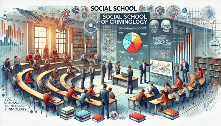 A group of people discussing theories of social criminology in a classroom with a display board showing theoretical drawings and models.