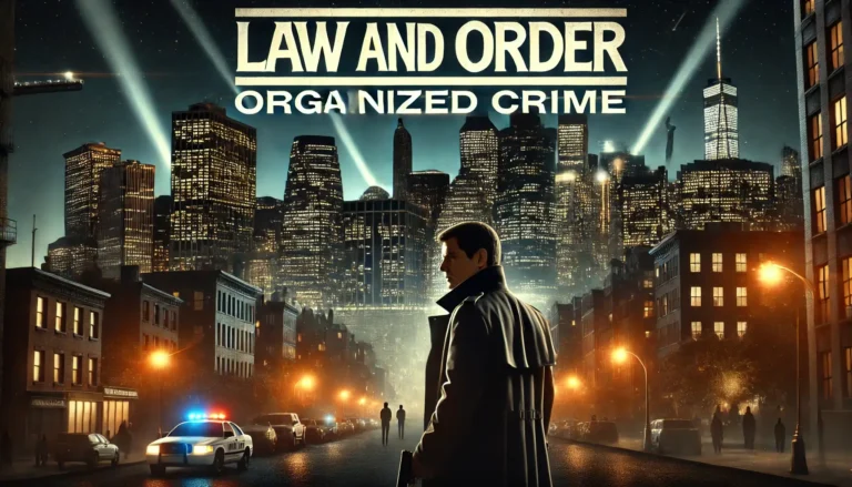 Promotional image of Law and Order: Organized Crime series, depicting main characters and a crime-filled cityscape.