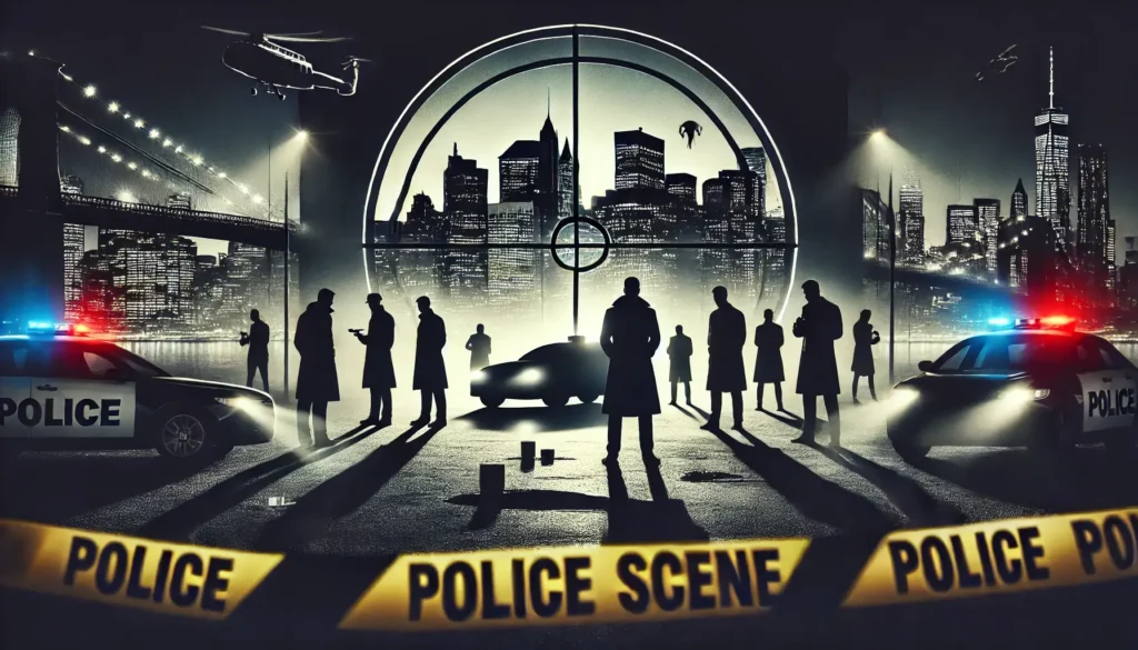 A dramatic and intense horizontal image depicting the theme of Law and Order: Organized Crime, showcasing detectives investigating a complex crime scene under moody lighting.