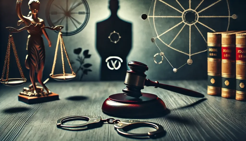 Artistic depiction of crime elements like handcuffs and scales of justice.